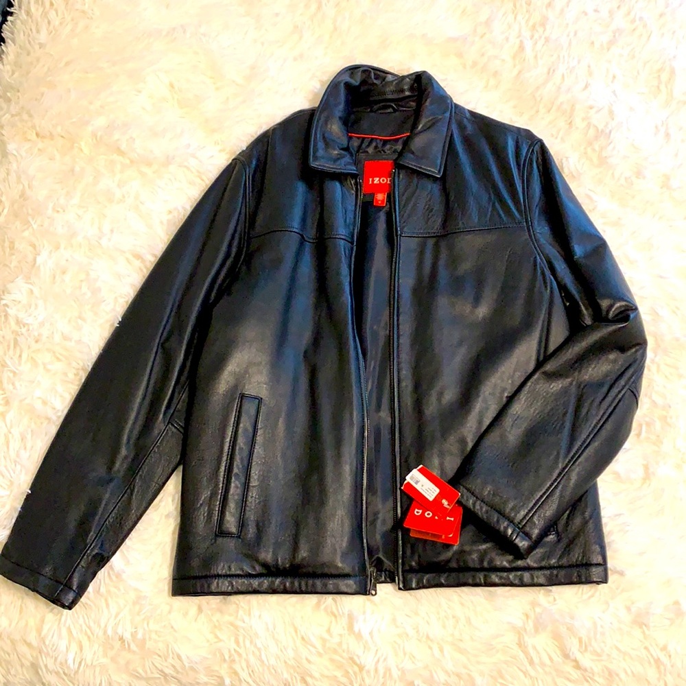 IZOD Mens Jacket Black Size Medium M Genuine Leather Full-Zip Bomber